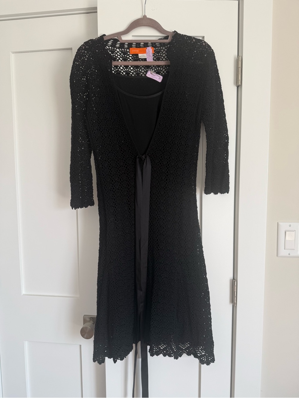 Cynthia Steffe Black Long Sleeve Crochet Dress with Sash